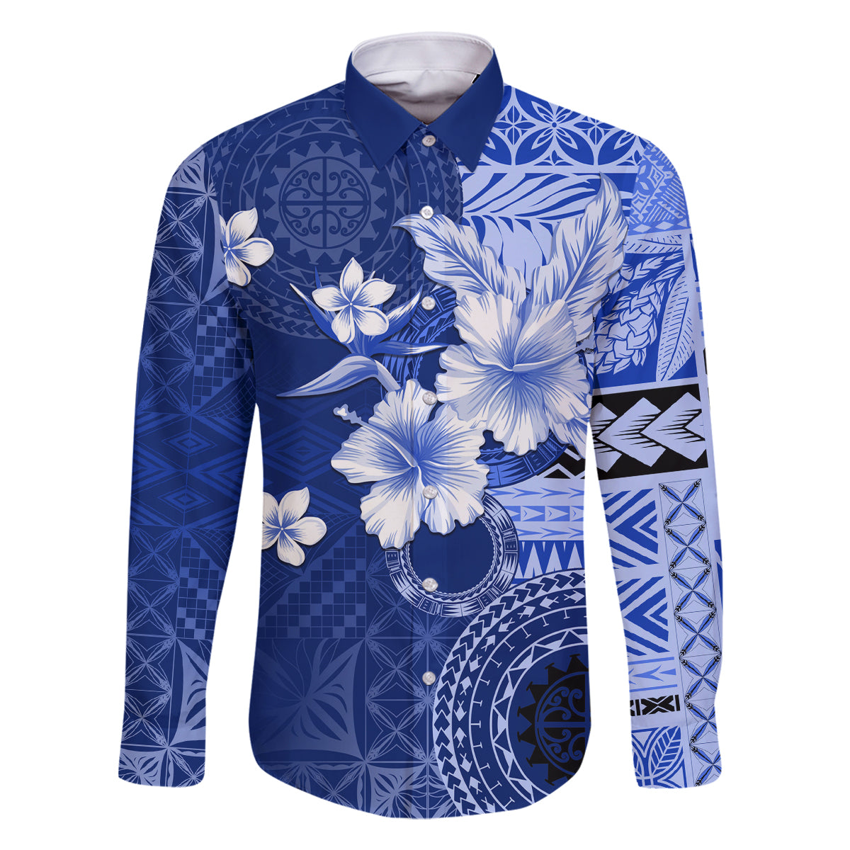 Samoa Siapo Pattern With Navy Hibiscus Family Matching Summer Maxi Dress and Hawaiian Shirt LT05 Dad's Shirt - Long Sleeve Navy - Polynesian Pride