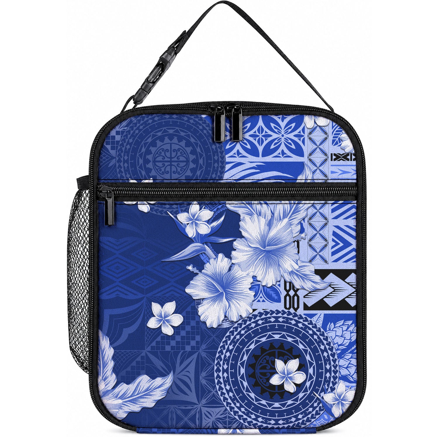 Samoa Siapo Pattern With Navy Hibiscus Lunch Bag LT05 10.2 × 8.3 × 4.3 inch Navy - Polynesian Pride