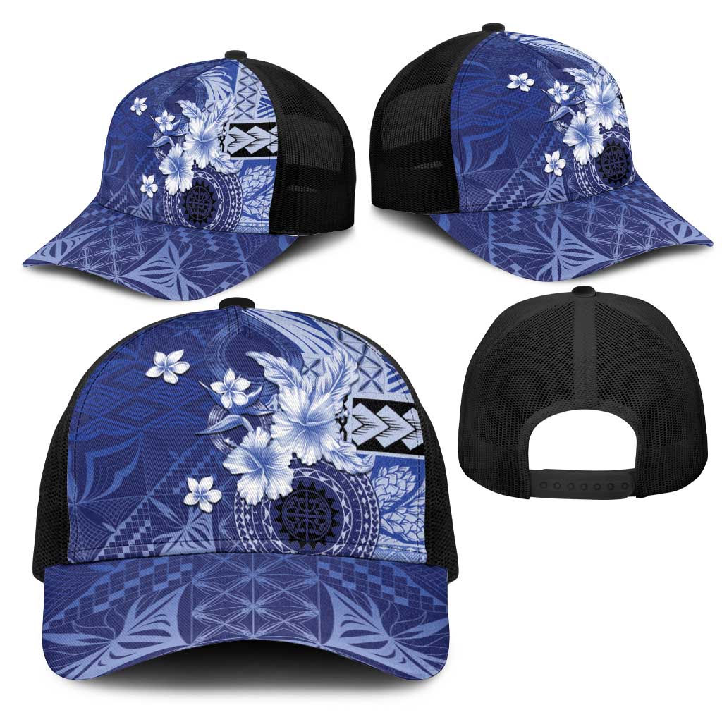 Samoa Siapo Pattern With Navy Hibiscus Mesh Trucker Cap - Polynesian Pride