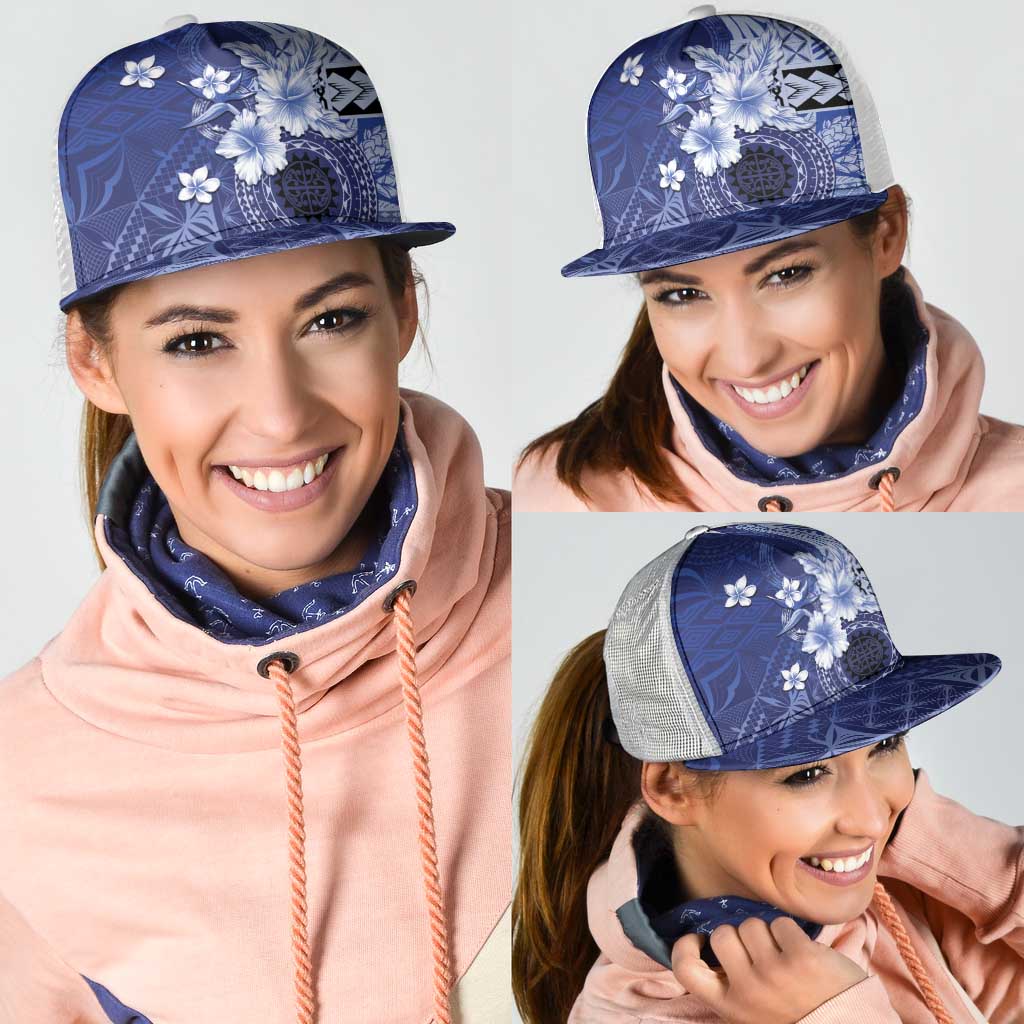 Samoa Siapo Pattern With Navy Hibiscus Mesh Trucker Cap - Polynesian Pride