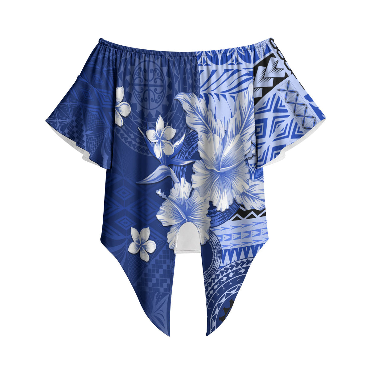 Samoa Siapo Pattern With Navy Hibiscus Off Shoulder Wrap Waist Top LT05 Navy - Polynesian Pride