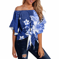Samoa Siapo Pattern With Navy Hibiscus Off Shoulder Wrap Waist Top LT05 - Polynesian Pride