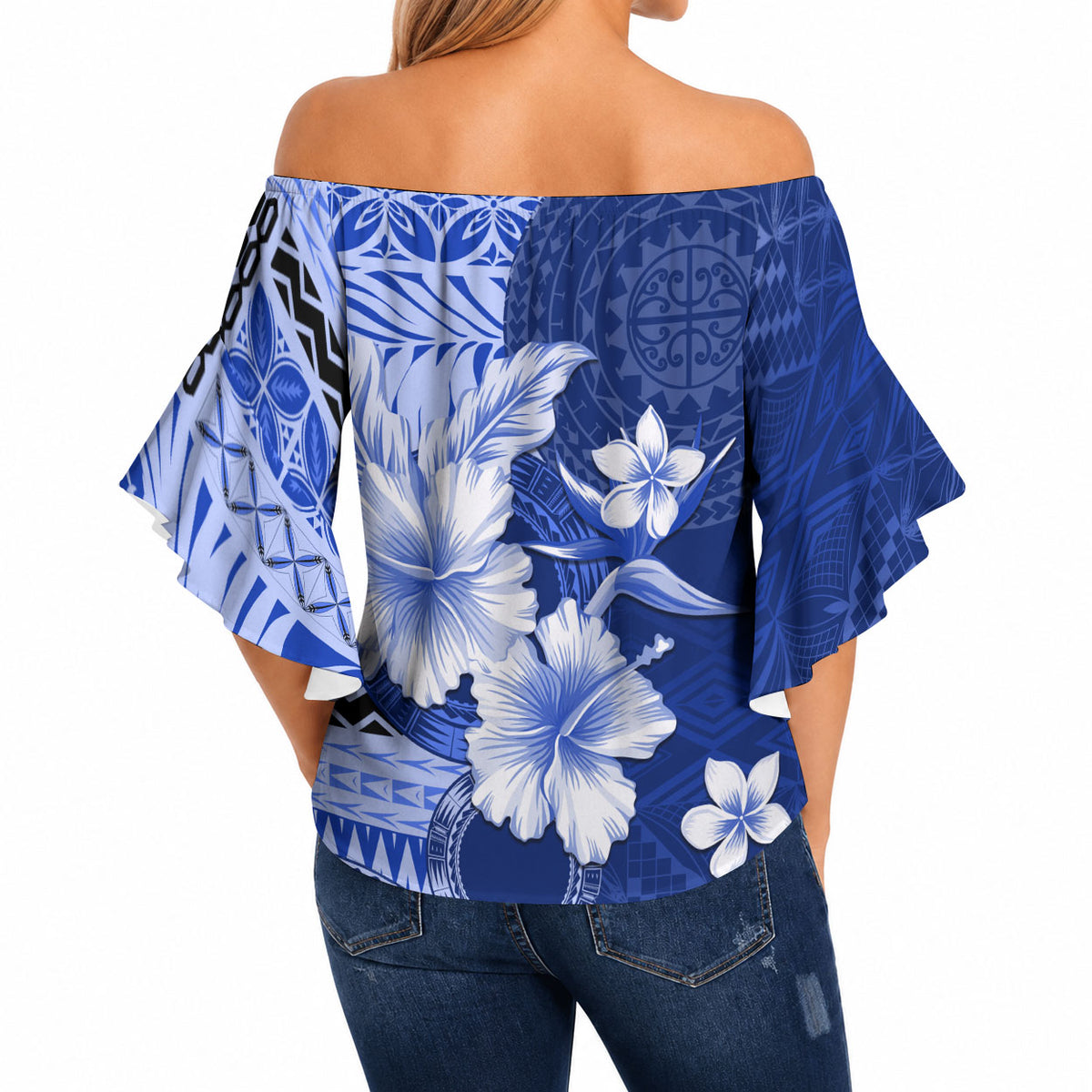 Samoa Siapo Pattern With Navy Hibiscus Off Shoulder Wrap Waist Top LT05 - Polynesian Pride