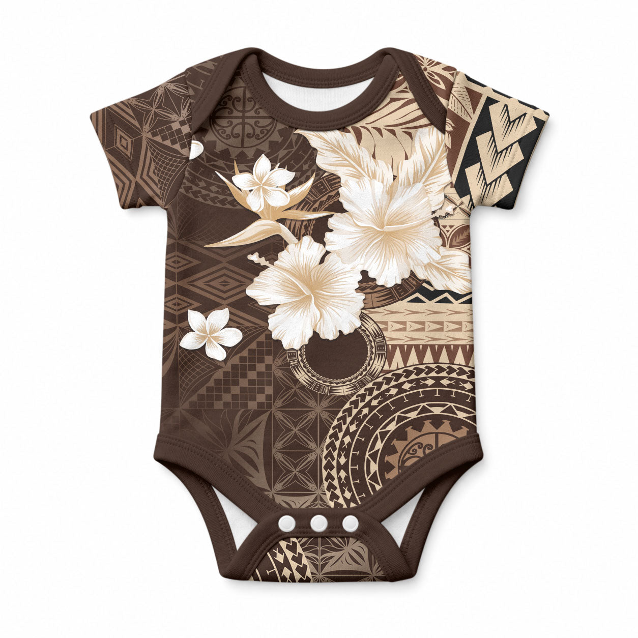 Samoa Siapo Pattern With Brown Hibiscus Baby Onesie LT05 Brown - Polynesian Pride