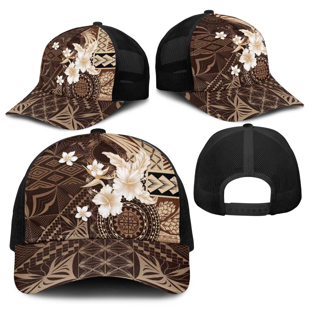 Samoa Siapo Pattern With Brown Hibiscus Baseball Net Cap - Polynesian Pride