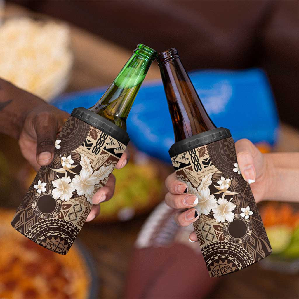 Samoa Siapo Pattern With Brown Hibiscus 4 in 1 Can Cooler Tumbler