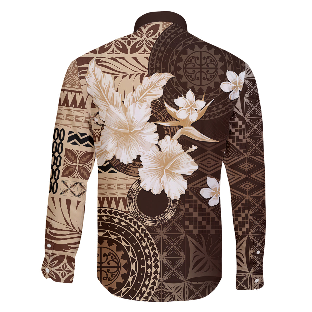 Samoa Siapo Pattern With Brown Hibiscus Family Matching Off Shoulder Long Sleeve Dress and Hawaiian Shirt LT05 - Polynesian Pride