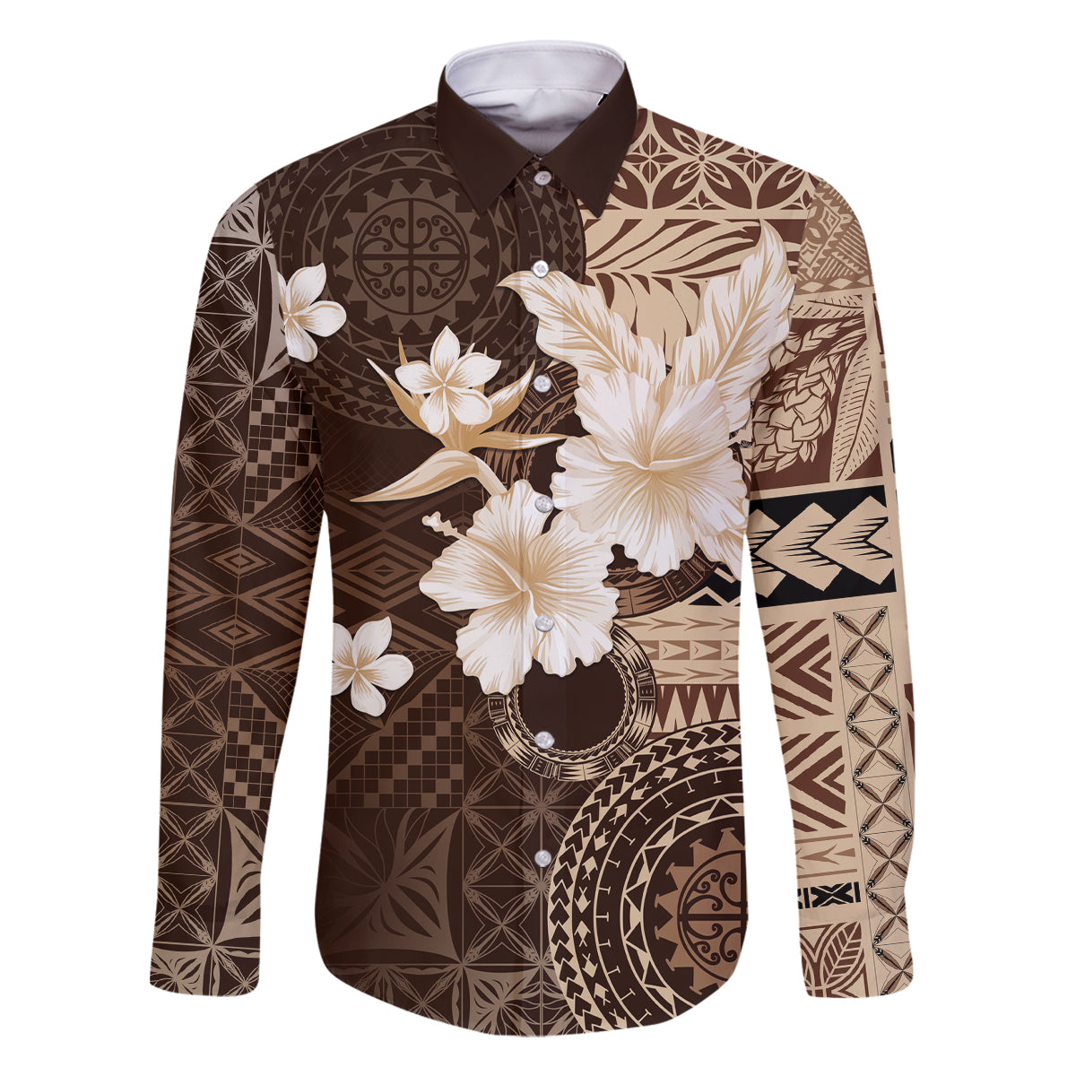 Samoa Siapo Pattern With Brown Hibiscus Family Matching Off Shoulder Short Dress and Hawaiian Shirt LT05 Dad's Shirt - Long Sleeve Brown - Polynesian Pride
