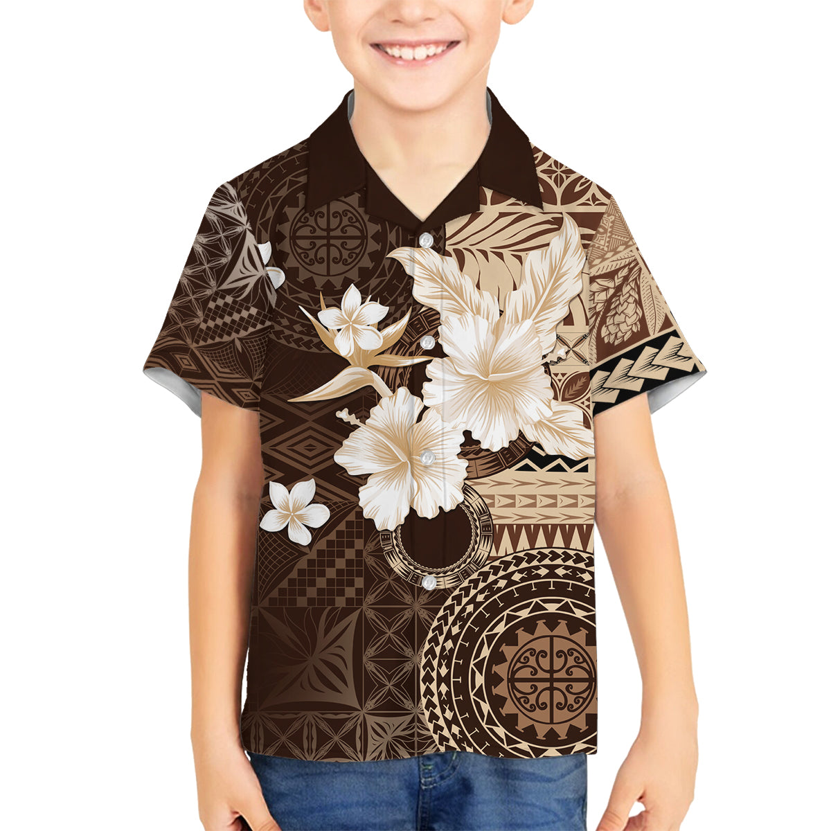 Samoa Siapo Pattern With Brown Hibiscus Family Matching Summer Maxi Dress and Hawaiian Shirt LT05 Son's Shirt Brown - Polynesian Pride