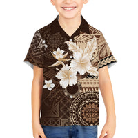 Samoa Siapo Pattern With Brown Hibiscus Family Matching Summer Maxi Dress and Hawaiian Shirt LT05 Son's Shirt Brown - Polynesian Pride