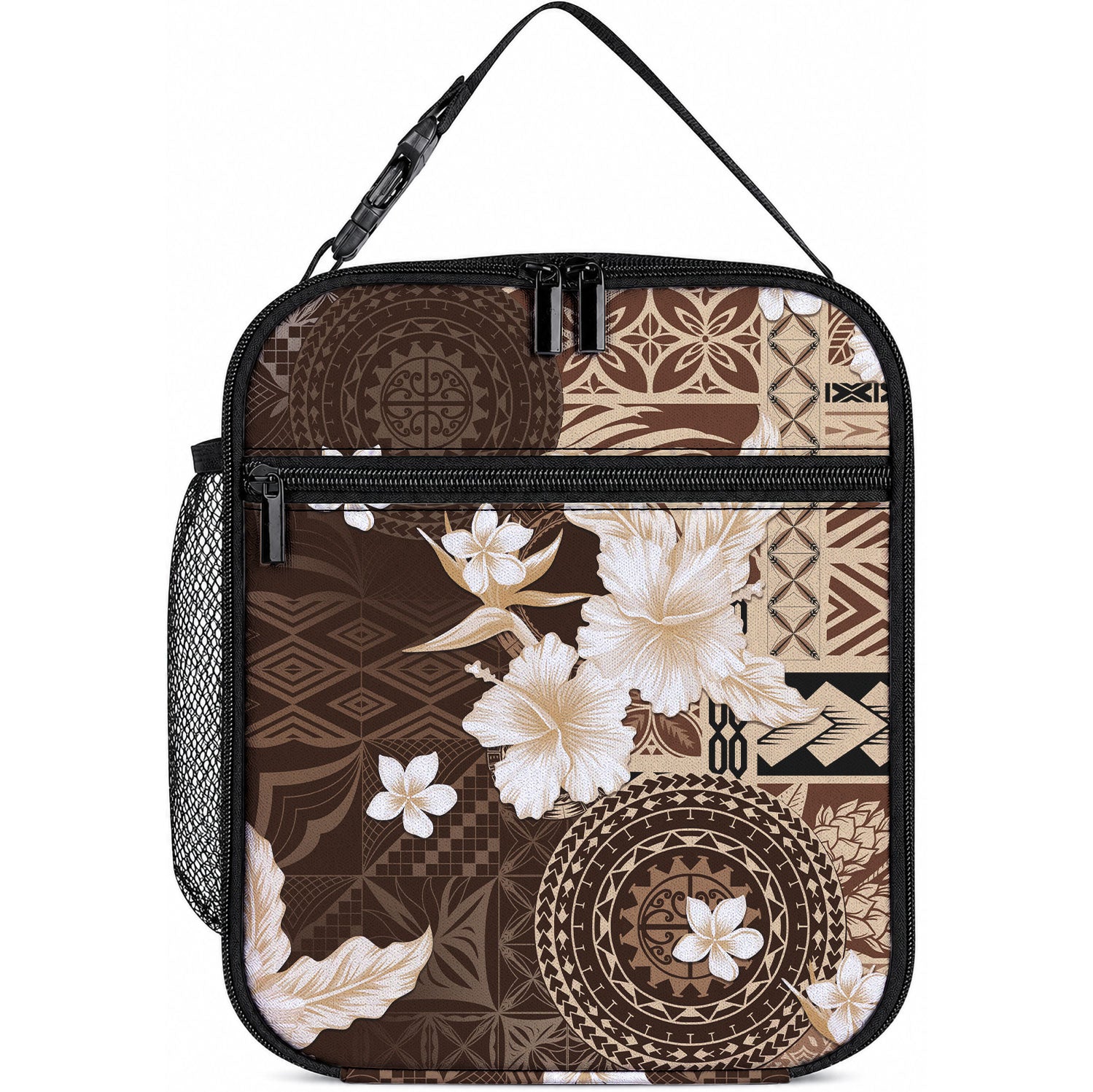 Samoa Siapo Pattern With Brown Hibiscus Lunch Bag LT05 10.2 × 8.3 × 4.3 inch Brown - Polynesian Pride