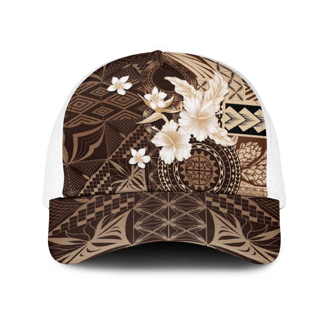 Samoa Siapo Pattern With Brown Hibiscus Mesh Trucker Cap - Polynesian Pride