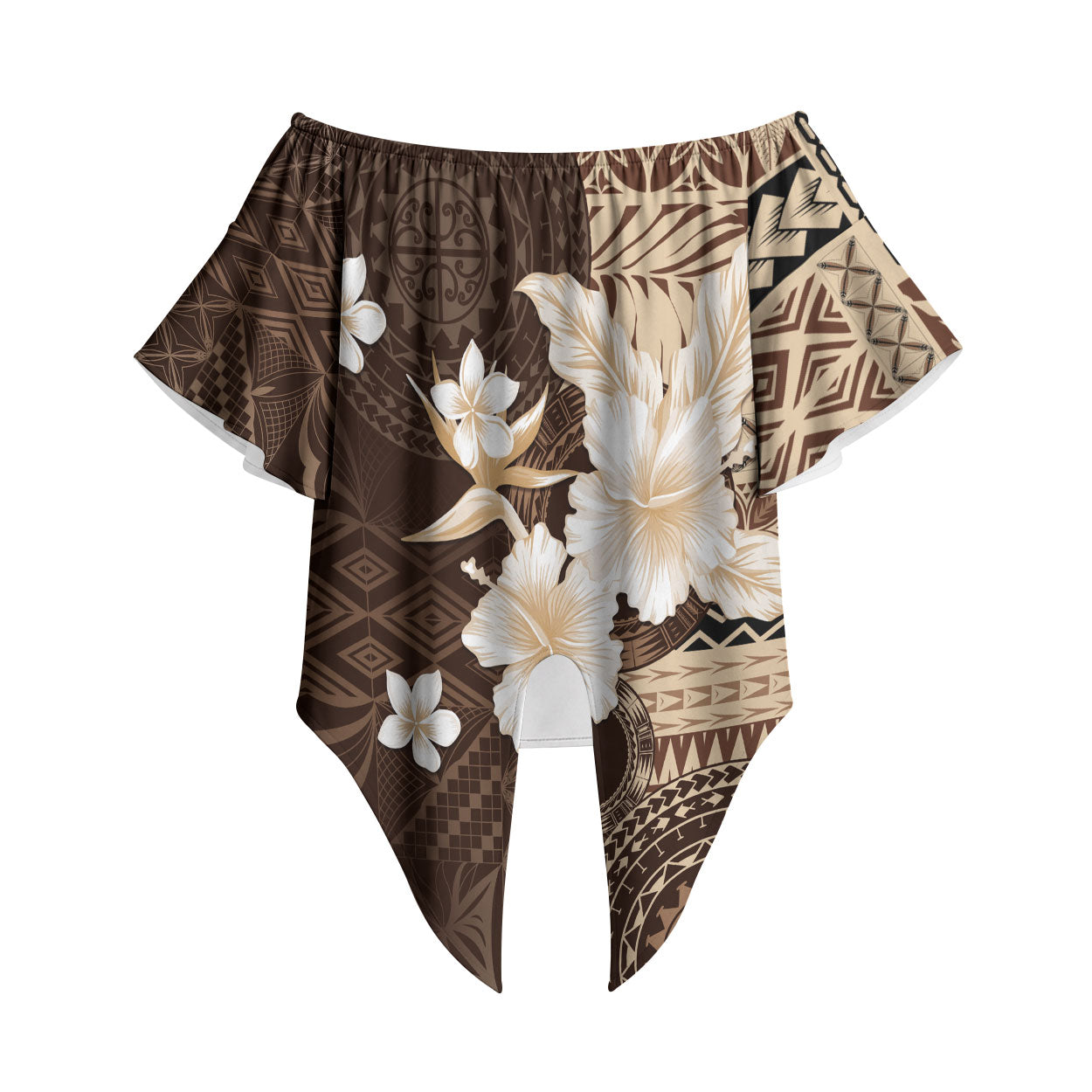Samoa Siapo Pattern With Brown Hibiscus Off Shoulder Wrap Waist Top LT05 Brown - Polynesian Pride