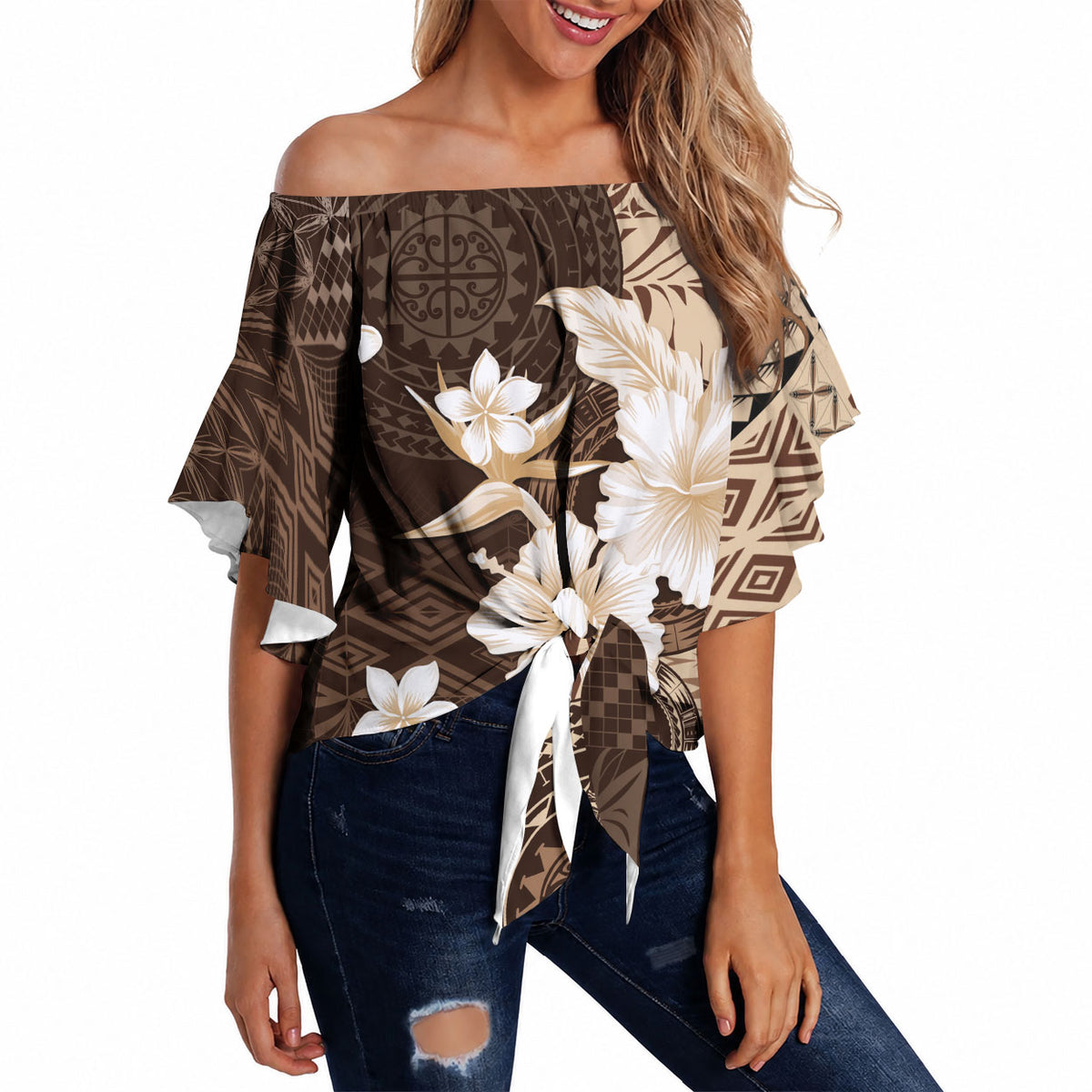 Samoa Siapo Pattern With Brown Hibiscus Off Shoulder Wrap Waist Top LT05 - Polynesian Pride