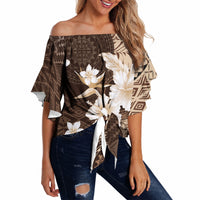 Samoa Siapo Pattern With Brown Hibiscus Off Shoulder Wrap Waist Top LT05 - Polynesian Pride