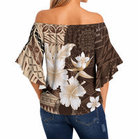 Samoa Siapo Pattern With Brown Hibiscus Off Shoulder Wrap Waist Top LT05 - Polynesian Pride