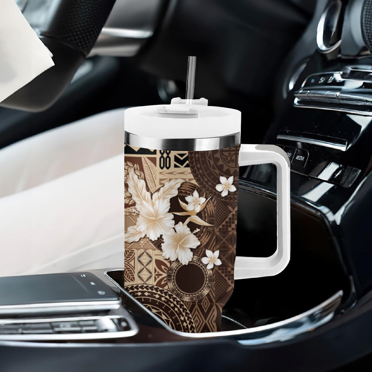 Samoa Siapo Pattern With Brown Hibiscus Tumbler With Handle