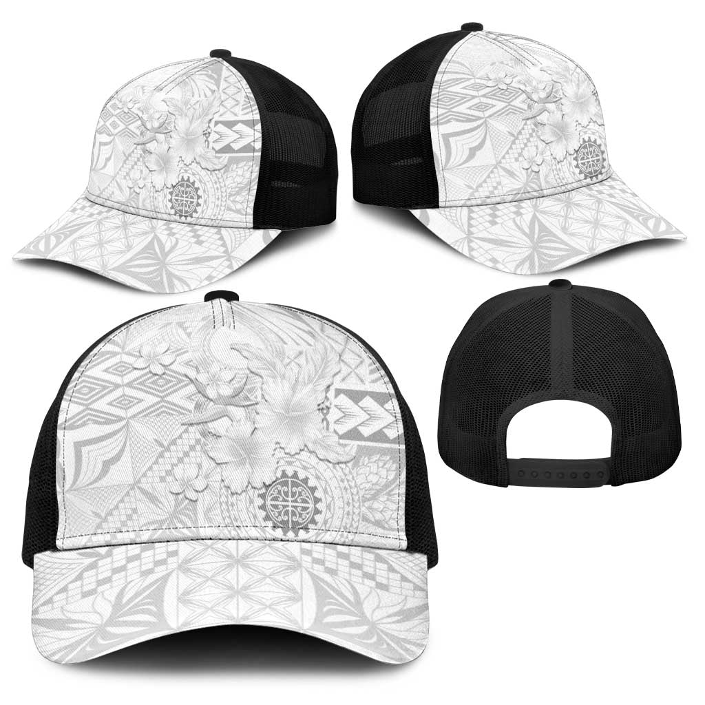 Samoa Siapo Pattern With White Hibiscus Baseball Net Cap - Polynesian Pride