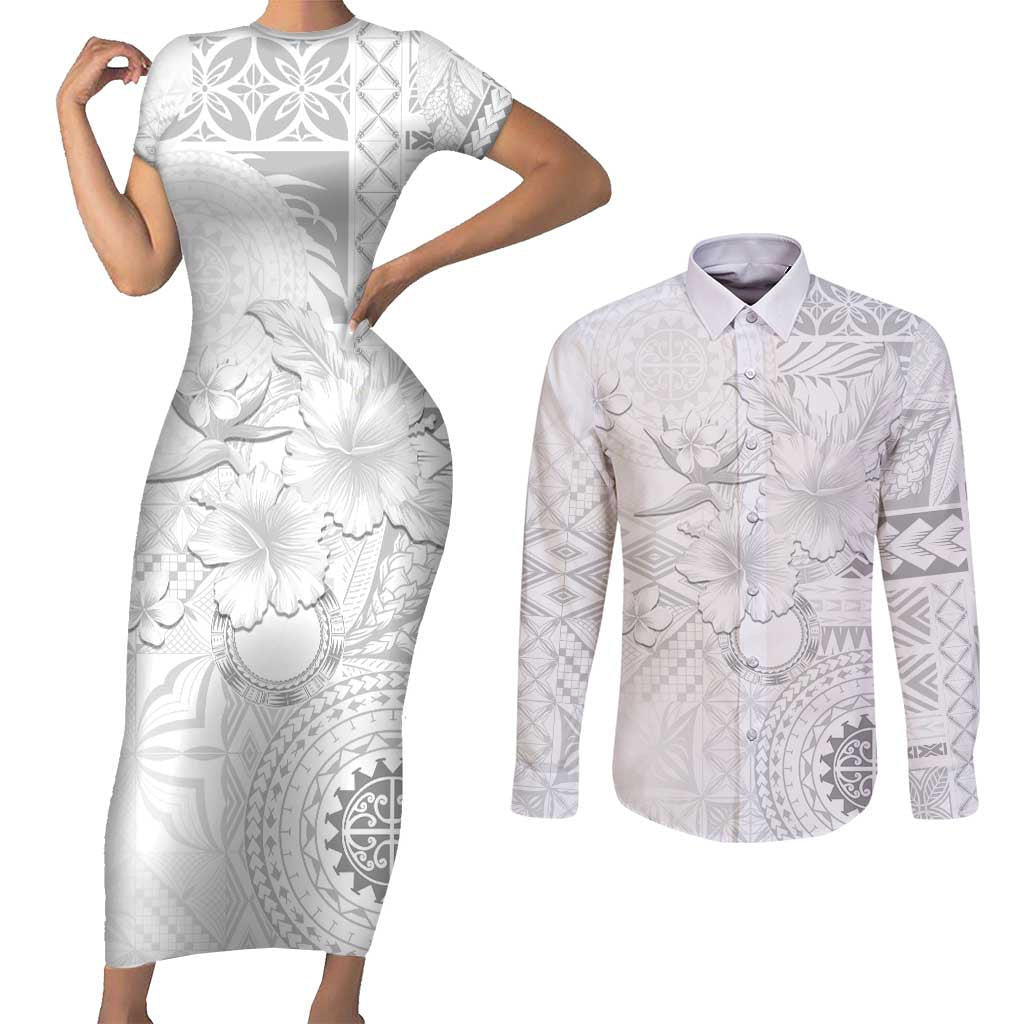 Samoa Siapo Pattern With White Hibiscus Couples Matching Short Sleeve Bodycon Dress and Button Shirt - LT05