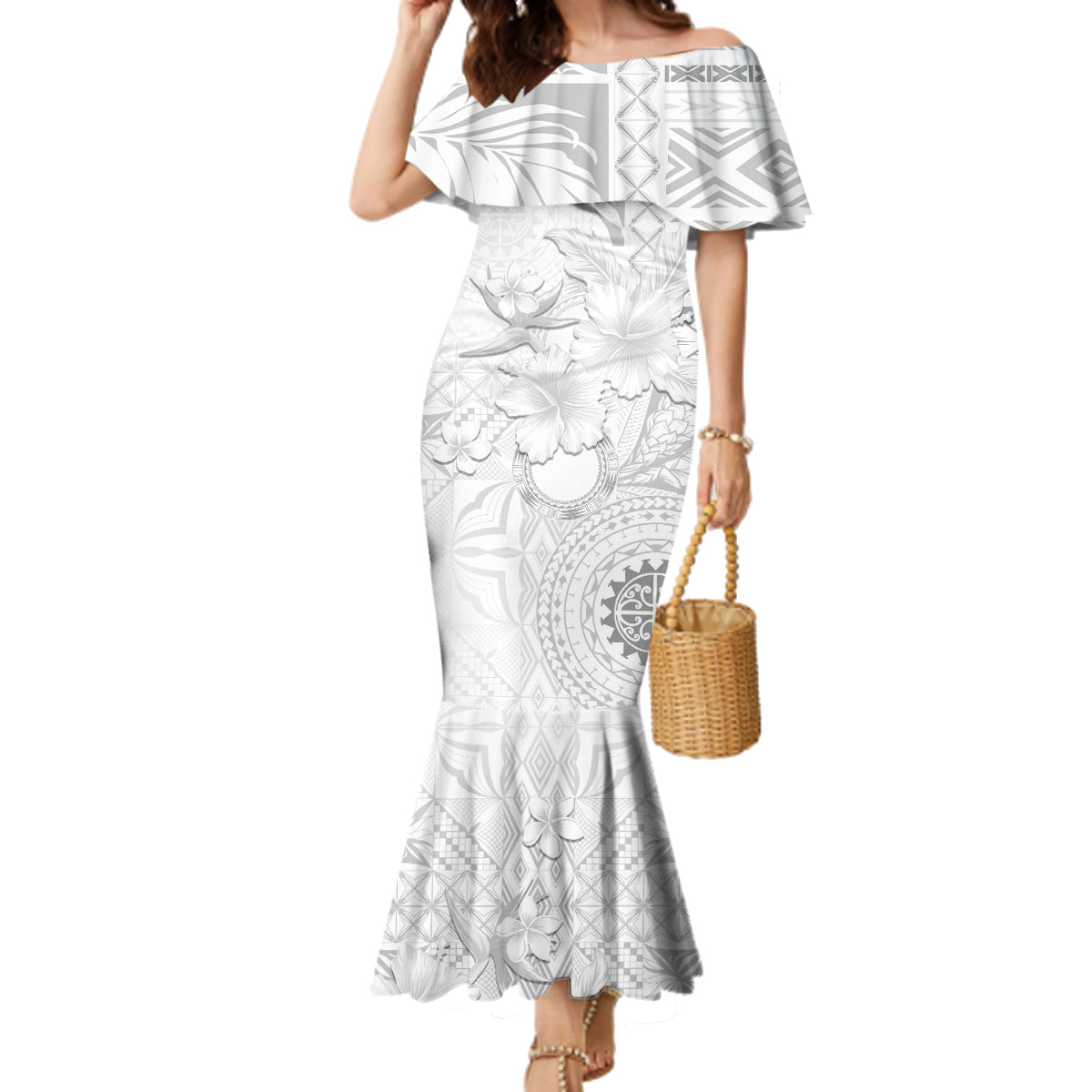 Samoa Siapo Pattern With White Hibiscus Family Matching Mermaid Dress and Hawaiian Shirt LT05 Mom's Dress White - Polynesian Pride