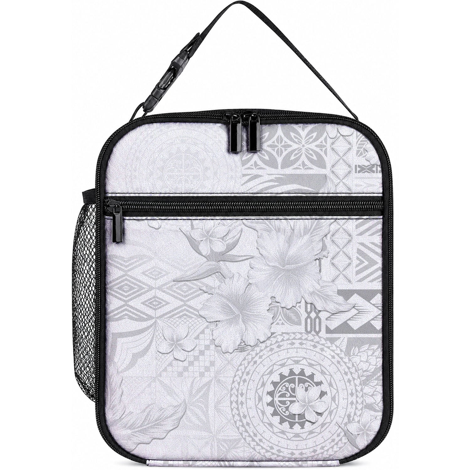 Samoa Siapo Pattern With White Hibiscus Lunch Bag LT05 10.2 × 8.3 × 4.3 inch White - Polynesian Pride