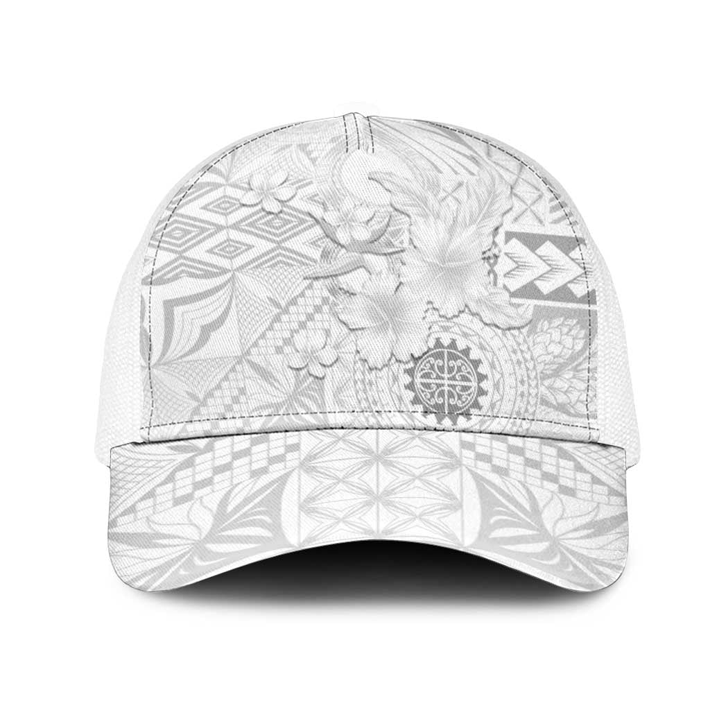 Samoa Siapo Pattern With White Hibiscus Mesh Trucker Cap - Polynesian Pride