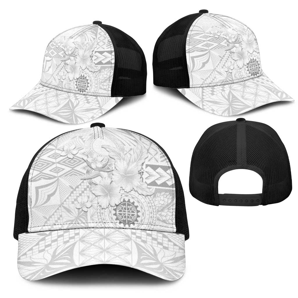Samoa Siapo Pattern With White Hibiscus Mesh Trucker Cap - Polynesian Pride