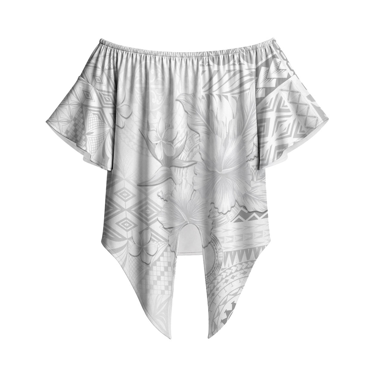 Samoa Siapo Pattern With White Hibiscus Off Shoulder Wrap Waist Top LT05 White - Polynesian Pride