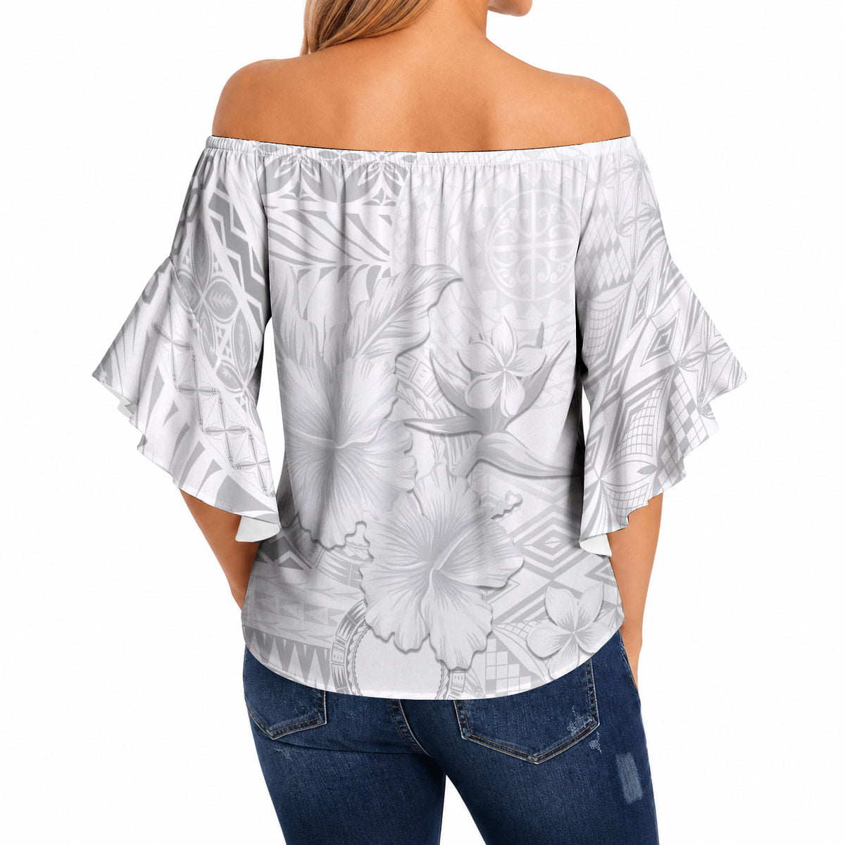 Samoa Siapo Pattern With White Hibiscus Off Shoulder Wrap Waist Top LT05 - Polynesian Pride