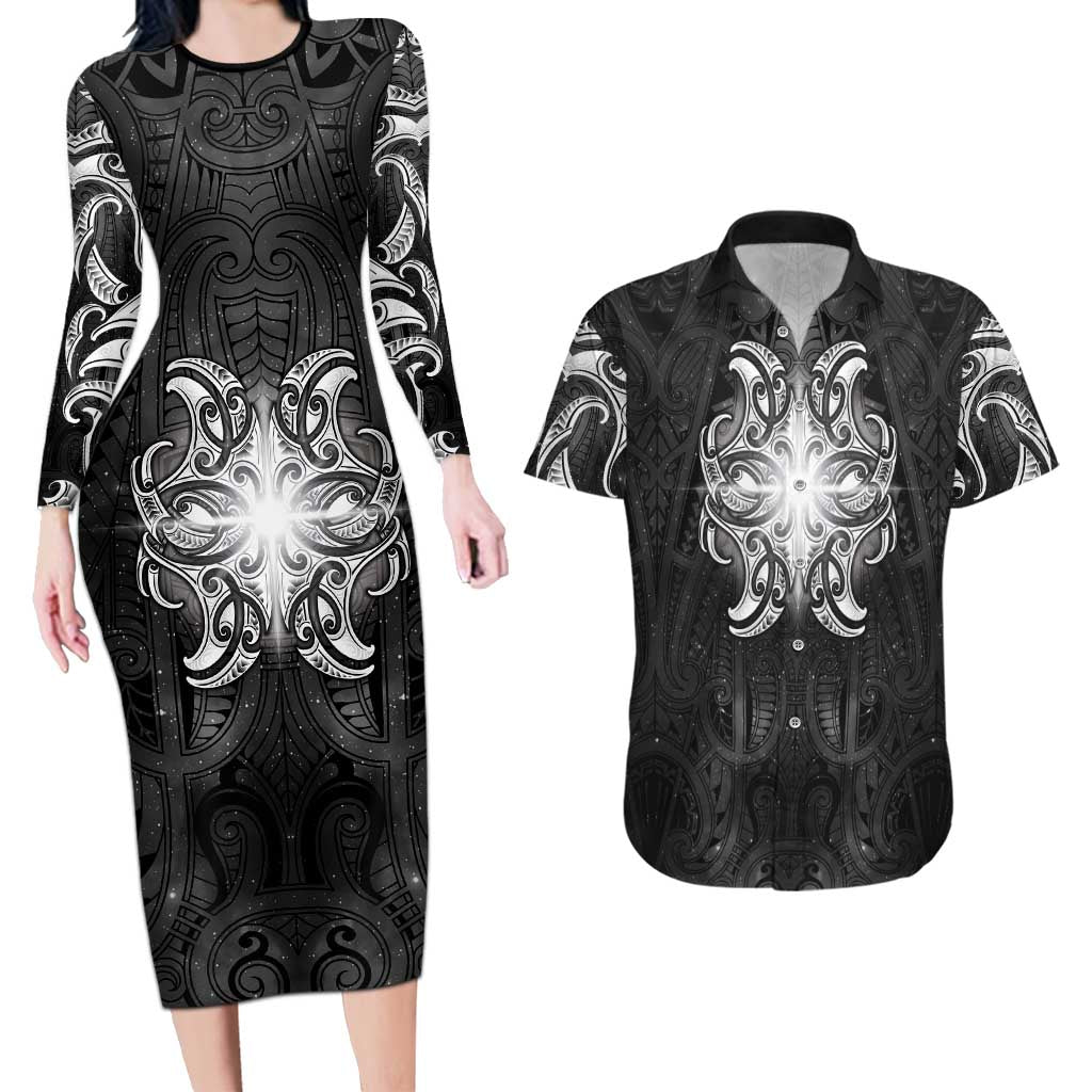 New Zealand Matariki Couples Matching Long Sleeve Bodycon Dress and Hawaiian Shirt Maori Moko Black Galaxy LT05 Black - Polynesian Pride