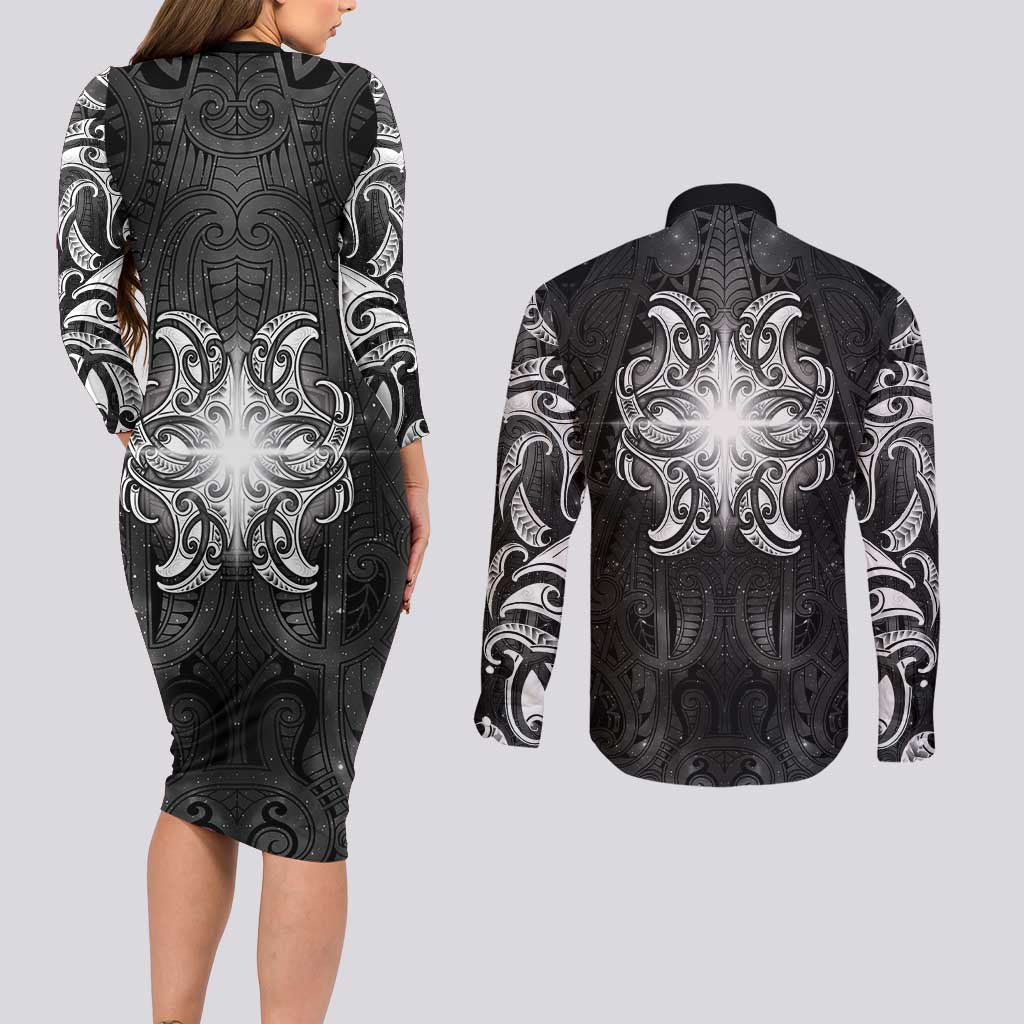 New Zealand Matariki Couples Matching Long Sleeve Bodycon Dress and Long Sleeve Button Shirt Maori Moko Black Galaxy LT05 - Polynesian Pride