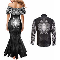 New Zealand Matariki Couples Matching Mermaid Dress and Long Sleeve Button Shirt Maori Moko Black Galaxy LT05 - Polynesian Pride