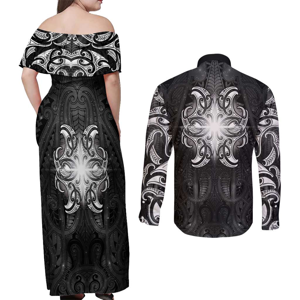 New Zealand Matariki Couples Matching Off Shoulder Maxi Dress and Long Sleeve Button Shirt Maori Moko Black Galaxy LT05 - Polynesian Pride