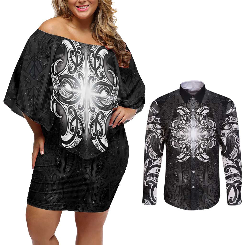 New Zealand Matariki Couples Matching Off Shoulder Short Dress and Long Sleeve Button Shirt Maori Moko Black Galaxy LT05 Black - Polynesian Pride
