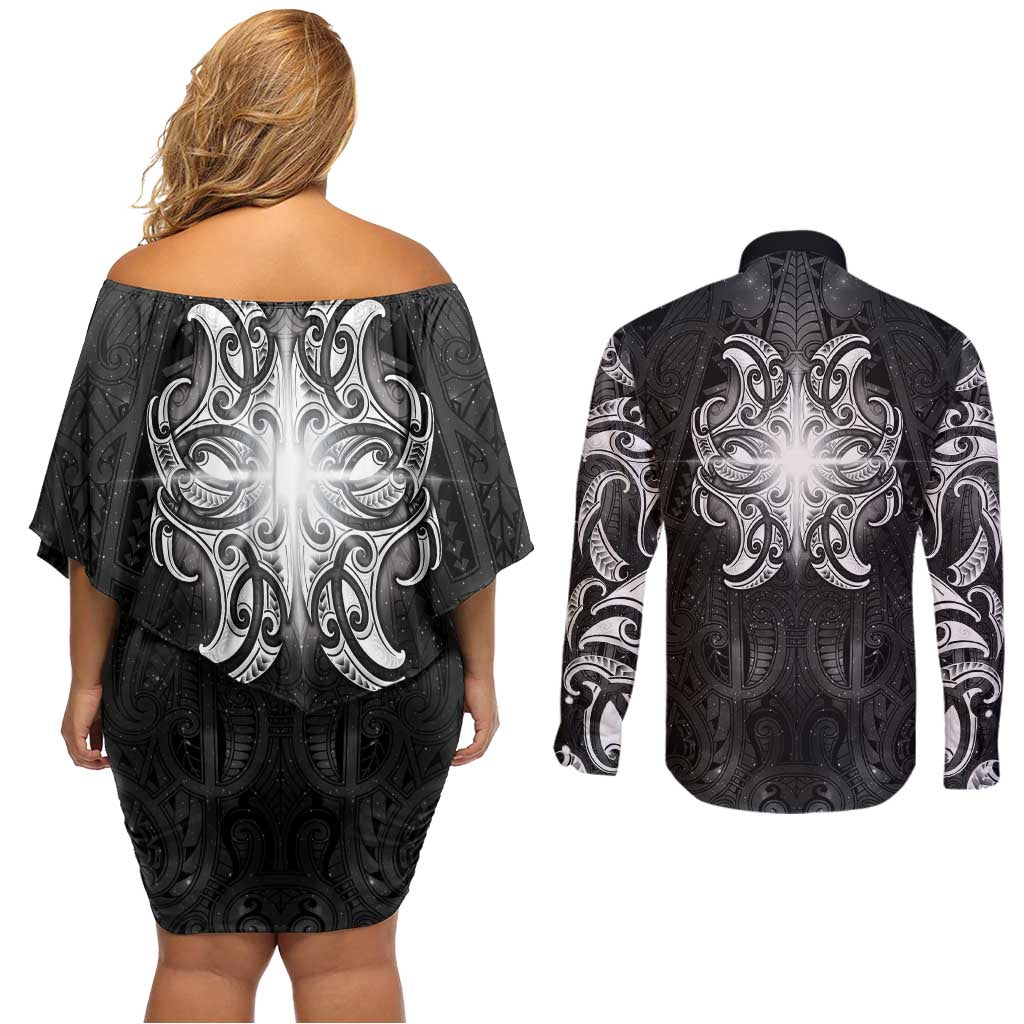 New Zealand Matariki Couples Matching Off Shoulder Short Dress and Long Sleeve Button Shirt Maori Moko Black Galaxy LT05 - Polynesian Pride