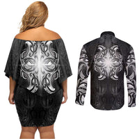 New Zealand Matariki Couples Matching Off Shoulder Short Dress and Long Sleeve Button Shirt Maori Moko Black Galaxy LT05 - Polynesian Pride