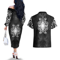 New Zealand Matariki Couples Matching Off The Shoulder Long Sleeve Dress and Hawaiian Shirt Maori Moko Black Galaxy LT05 - Polynesian Pride