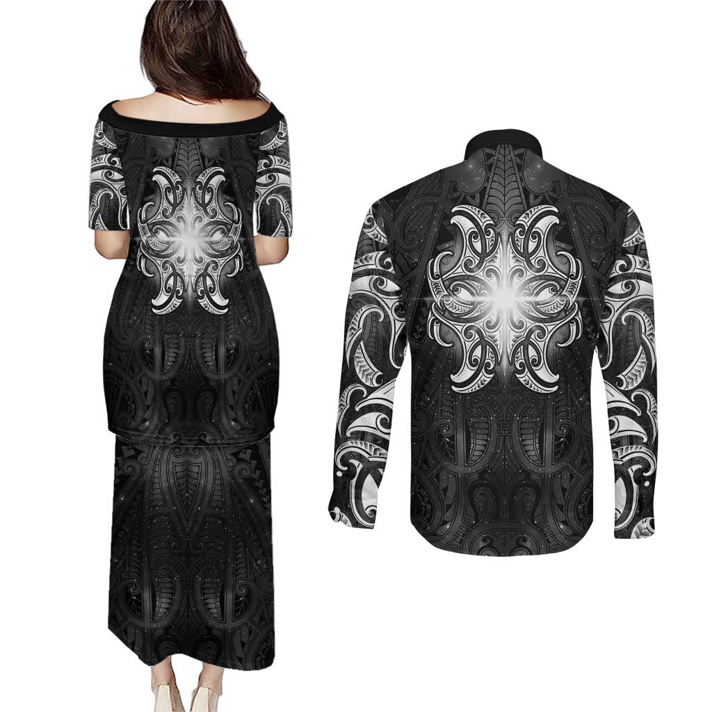 New Zealand Matariki Couples Matching Puletasi and Long Sleeve Button Shirt Maori Moko Black Galaxy LT05 - Polynesian Pride