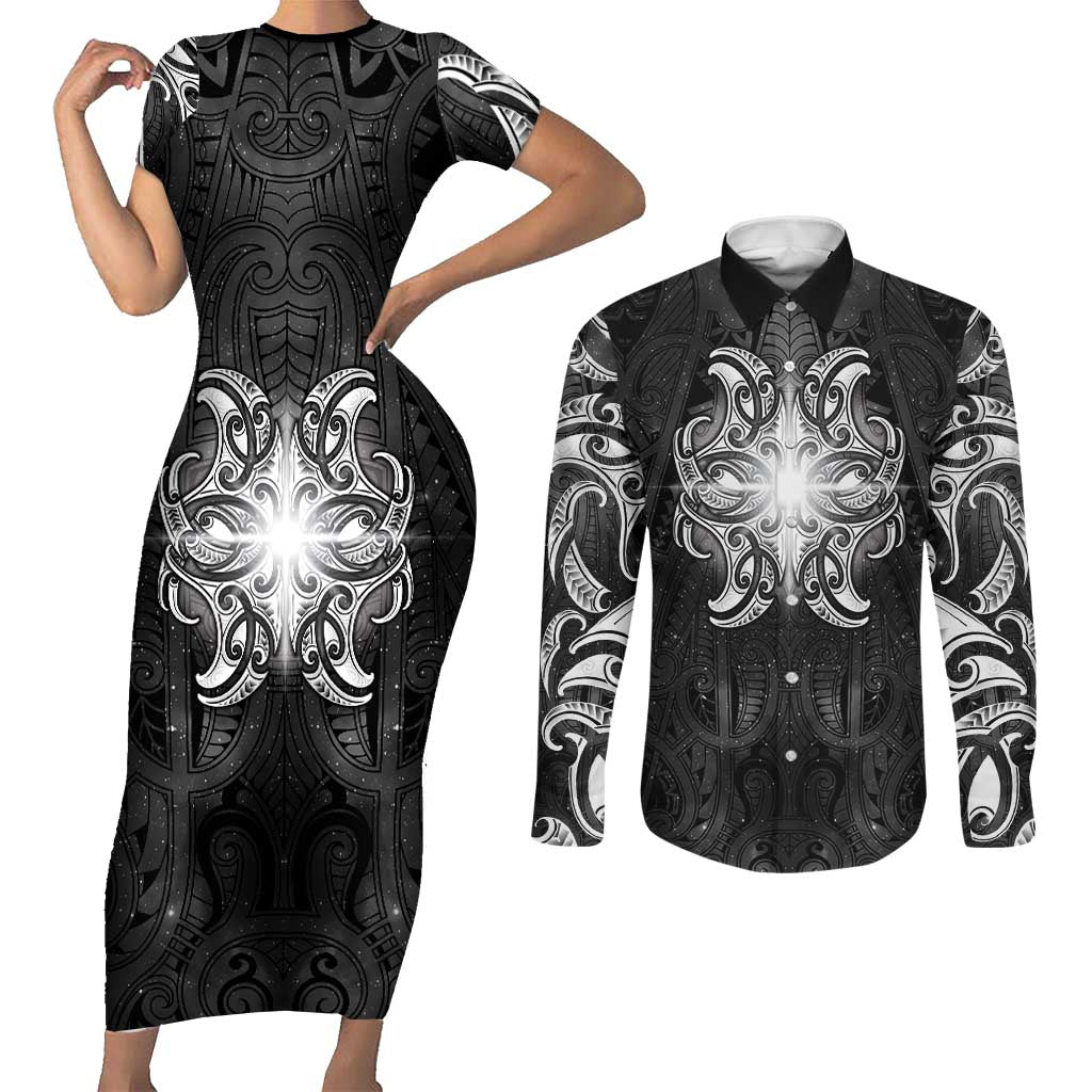 New Zealand Matariki Couples Matching Short Sleeve Bodycon Dress and Long Sleeve Button Shirt Maori Moko Black Galaxy LT05 Black - Polynesian Pride