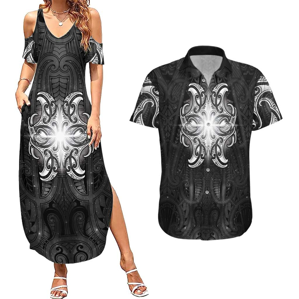 New Zealand Matariki Couples Matching Summer Maxi Dress and Hawaiian Shirt Maori Moko Black Galaxy LT05 Black - Polynesian Pride
