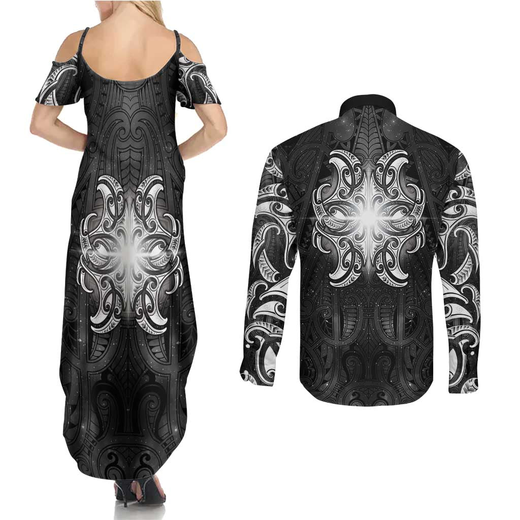 New Zealand Matariki Couples Matching Summer Maxi Dress and Long Sleeve Button Shirt Maori Moko Black Galaxy LT05 - Polynesian Pride