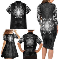 New Zealand Matariki Family Matching Long Sleeve Bodycon Dress and Hawaiian Shirt Maori Moko Black Galaxy LT05 - Polynesian Pride