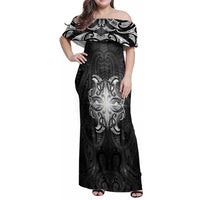 New Zealand Matariki Family Matching Off Shoulder Maxi Dress and Hawaiian Shirt Maori Moko Black Galaxy LT05 Mom's Dress Black - Polynesian Pride