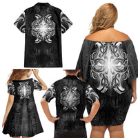 New Zealand Matariki Family Matching Off Shoulder Short Dress and Hawaiian Shirt Maori Moko Black Galaxy LT05 - Polynesian Pride