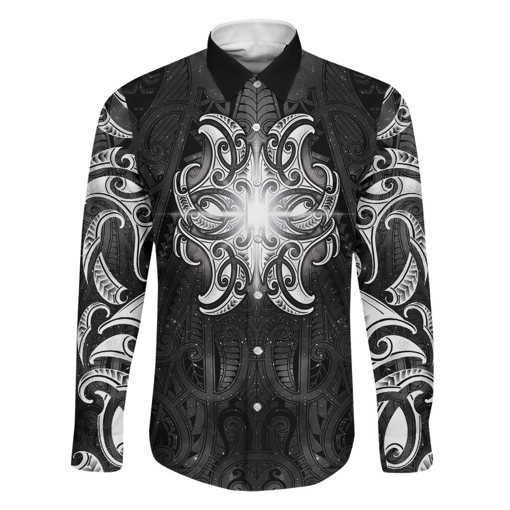 New Zealand Matariki Family Matching Off Shoulder Short Dress and Hawaiian Shirt Maori Moko Black Galaxy LT05 Dad's Shirt - Long Sleeve Black - Polynesian Pride