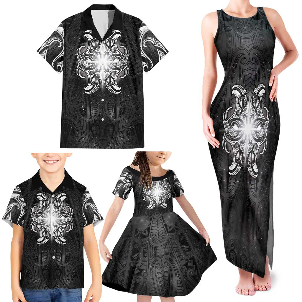 New Zealand Matariki Family Matching Tank Maxi Dress and Hawaiian Shirt Maori Moko Black Galaxy LT05 - Polynesian Pride