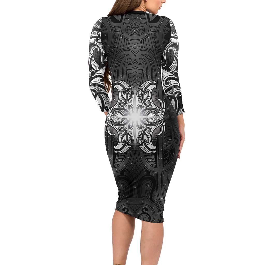 New Zealand Matariki Long Sleeve Bodycon Dress Maori Moko Black Galaxy LT05 - Polynesian Pride