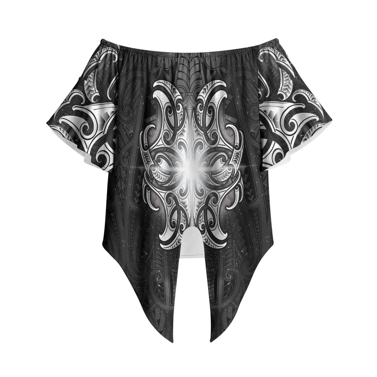 New Zealand Matariki Off Shoulder Wrap Waist Top Maori Moko Black Galaxy LT05 Black - Polynesian Pride