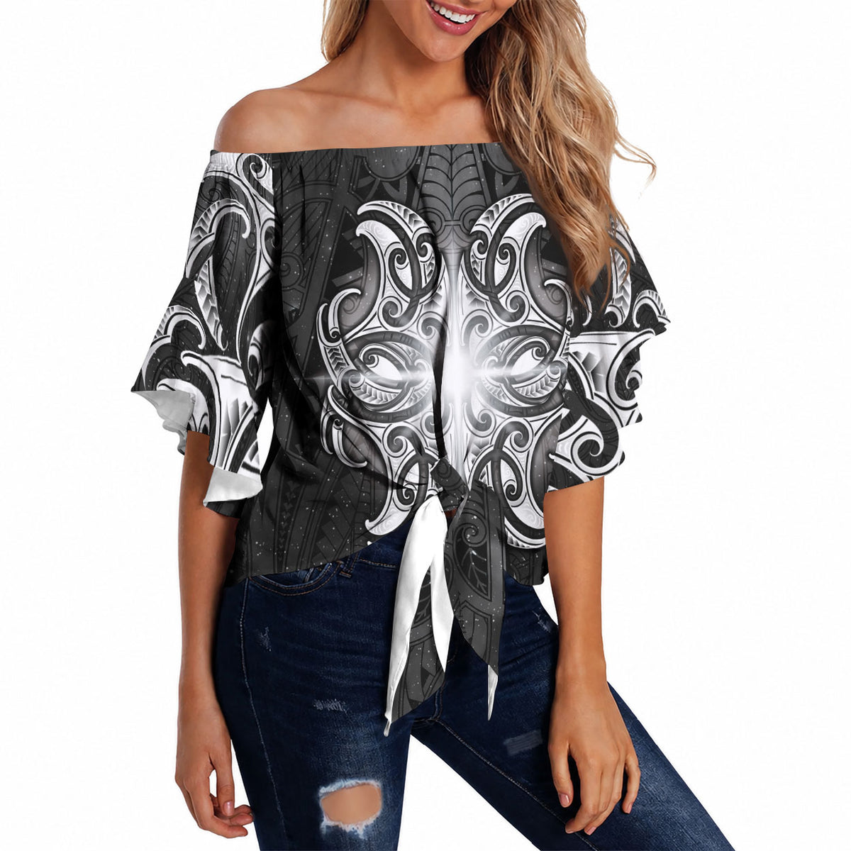 New Zealand Matariki Off Shoulder Wrap Waist Top Maori Moko Black Galaxy LT05 - Polynesian Pride