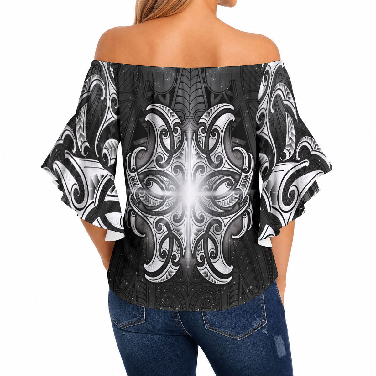 New Zealand Matariki Off Shoulder Wrap Waist Top Maori Moko Black Galaxy LT05 - Polynesian Pride
